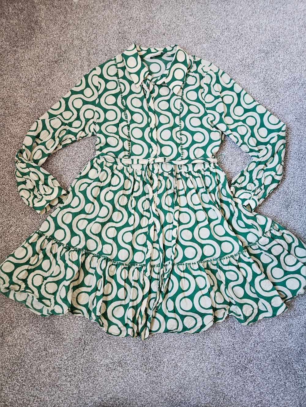 Zara 100% Cotton Mini Dress Green/ Beige Button Front Long Sleeves Collar Med-Lg